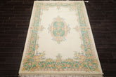 6x9 Ivory, Aqua, Peach Color Hand Knotted Aubusson Savonnerie Wool Traditional Oriental Rug
